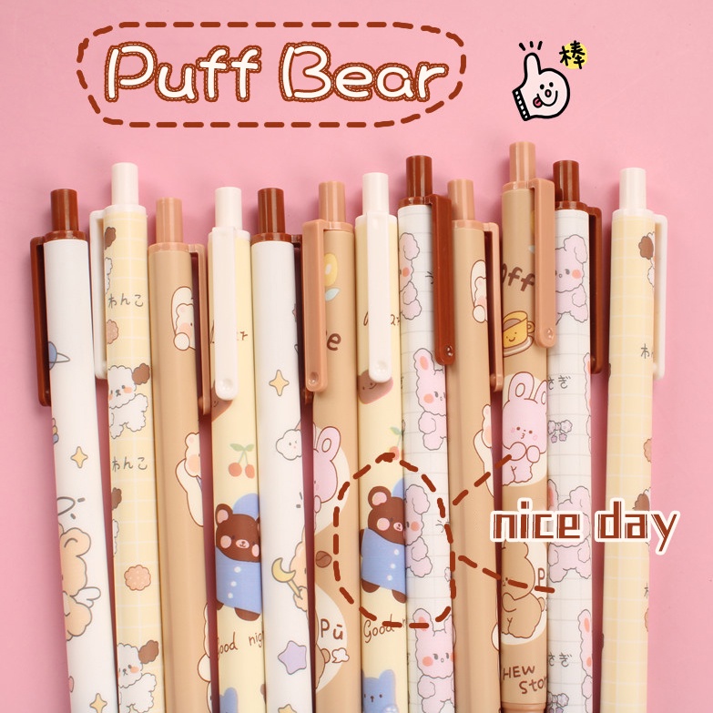1pc Random Puff Bear Press Pen Kartun Lucu Kelinci Anjing Pulpen Tinta Hitam 0.5mm Gel Pen Tulisan Harian Pena Ujian Peluru Nib Pena Ditarik Siswa Korea Alat Tulis