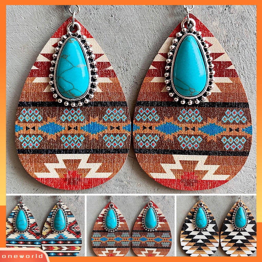 [EONE] 1pasang Anting Menjuntai Bohemian Retro Gaya Etnik Imitasi Turquoise Aztec Pola Dress Up Hadiah Wanita Water Drop Pendant Earrings Boho Perhiasan