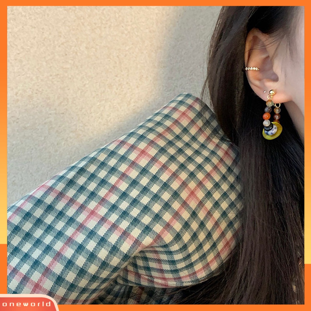 [EONE] 1pasang Ear Studs Vintage Gaya Etnik Manik-Manik Berwarna Electroplating Glossy Dress Up Hypoallergenic Alloy Hoop Stud Menjuntai Anting Fashion Perhiasan