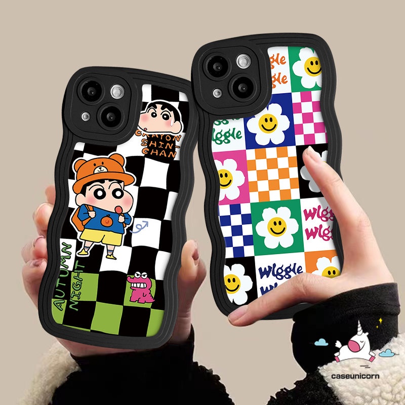 Untuk Infinix Note 12 G96 10 Pro Hot 10 11s 20 9 10s 12i 10Lite 20s 8 12 Pro Hot 11 10 9 12 Play Smart 5 4 6 Plus Checkerboard Cute Crayon Shin-chan Smile Flower Lembut Wavy Edge Sarung