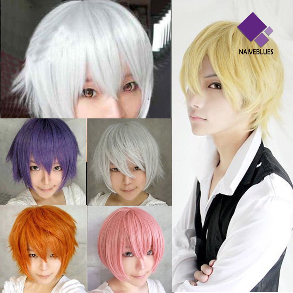 &lt; Naiveblues &gt; Pria Wanita Multi-Warna Pendek Lurus Sopak Penuh Wig Anime Pesta Cosplay