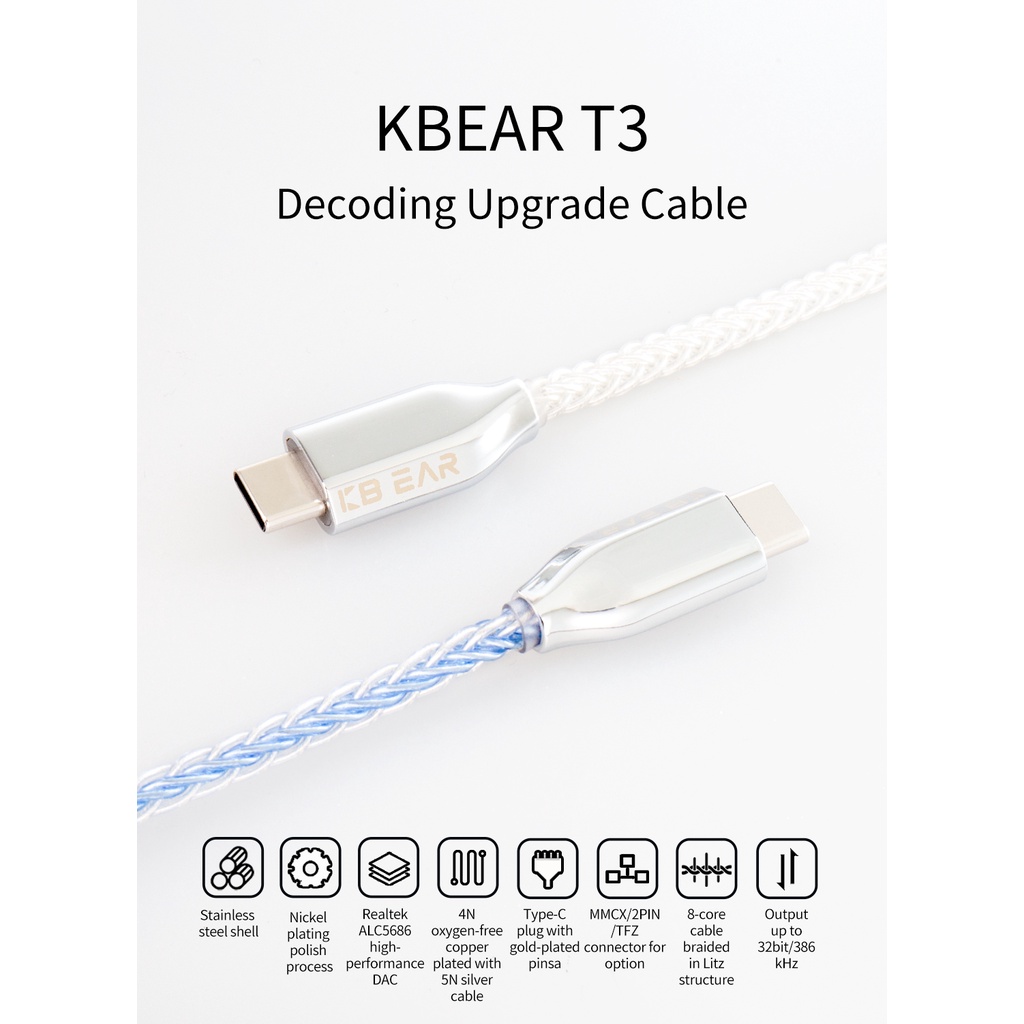 Kbear Kabel Upgrade Decoding T3 Lapis OFC 8-Core Kemurnian Tinggi Dengan Konektor Silver MMCX/2PIN/TFZ Untuk KZ