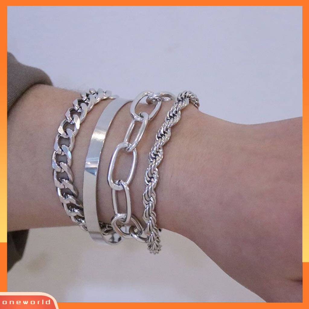[EONE] 4pcs Wanita Gelang Electroplating Hias Kepribadian Multi-style Vintage Dekorasi Tahan Luntur Vintage Berlebihan Rantai Besar Gelang Perhiasan Aksesori