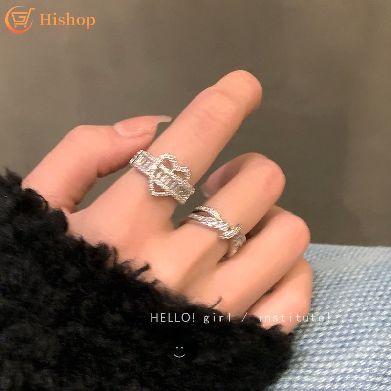 Mewah Zirkon Jantung Cincin Perak Kristal Silang Rings Untuk Wanita Fashion Perhiasan Y2K Aksesoris