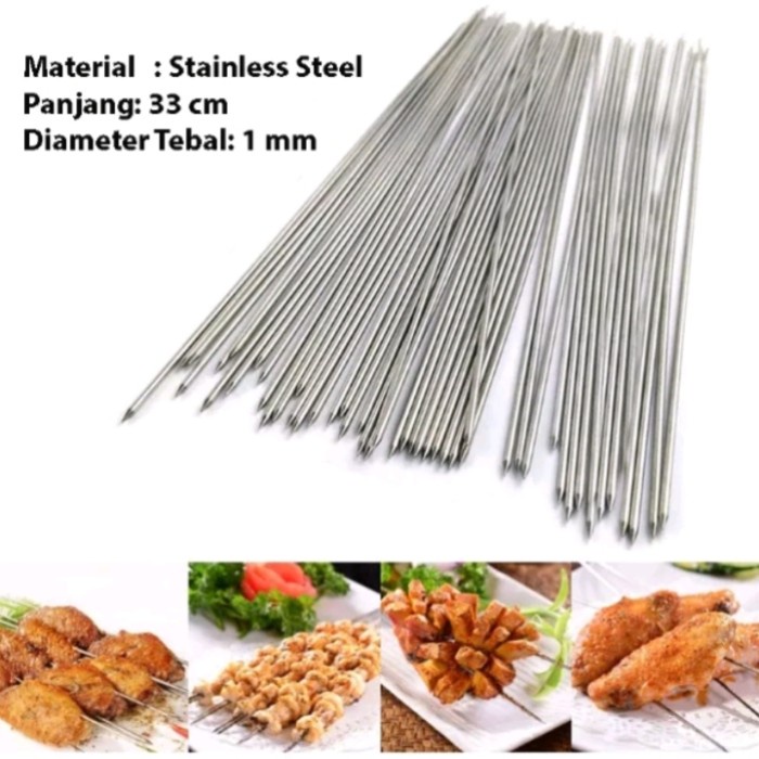 Tusuk Sate Stainless Steel Gagang Kayu Tusuk Sate BBQ Alat Panggang - Polos