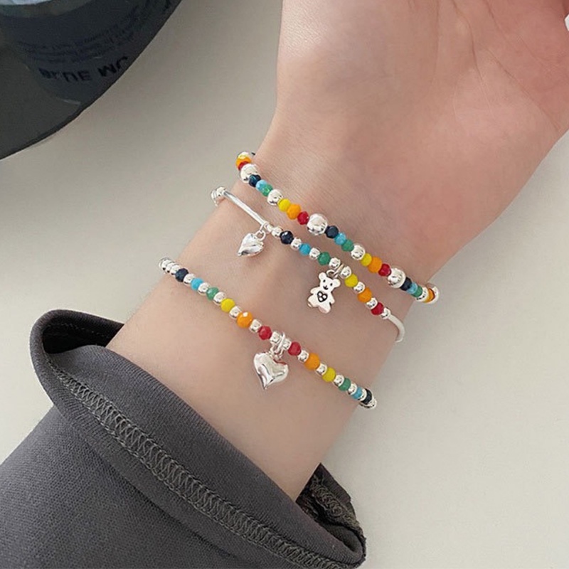 Papaozhu Handmade Rainbow Beads Smiley Face Gelang Untuk Wanita Perempuan Korea Warna-Warni Manik-Manik Hati Beruang Gelang Untuk Persahabatan Perhiasan Rantai Pergelangan Tangan Elastis