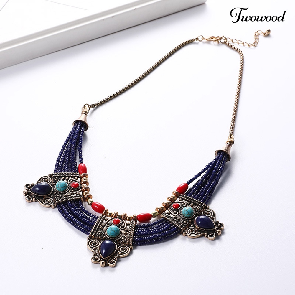 Twowood Boho Wanita Multilayer Beads Rhinestones Hias Statement Chain Bib Kalung