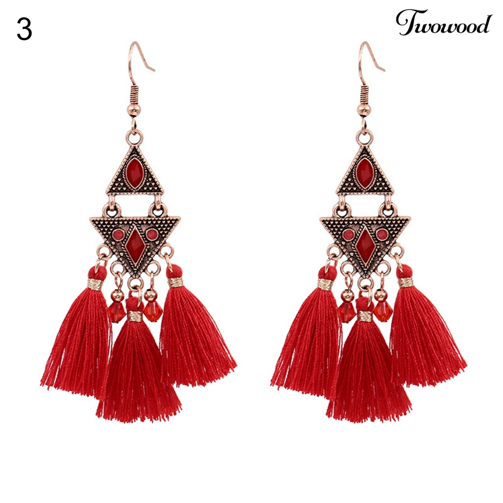 Twowood 1pasang Anting Menjuntai Rumbai Desain Perhiasan Hadiah Merah Wanita Pernikahan Drop Earrings Untuk Festival