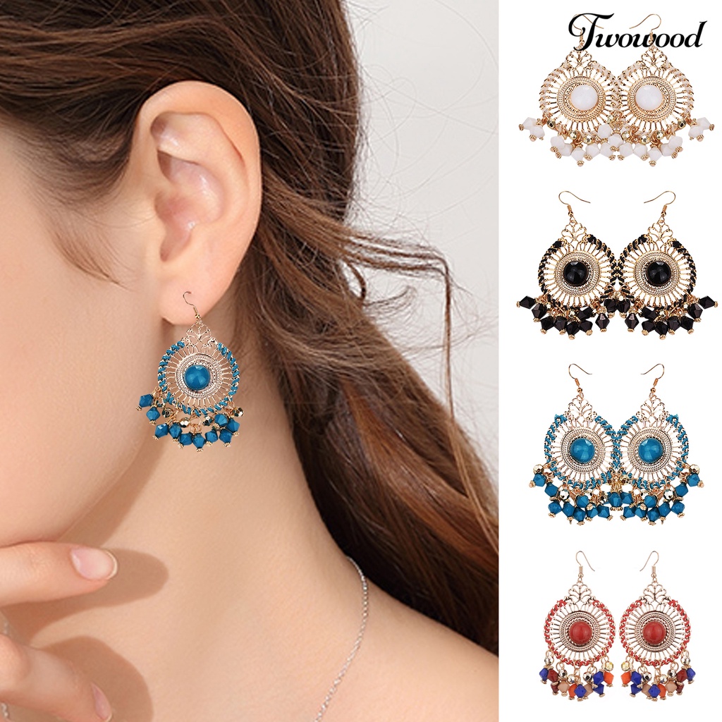 Twowood 1pasang Wanita Anting Kait Warna-Warni Etnik Anti-Cacat Gaya Bohemia Rumbai Drop Earrings Perhiasan Perempuan