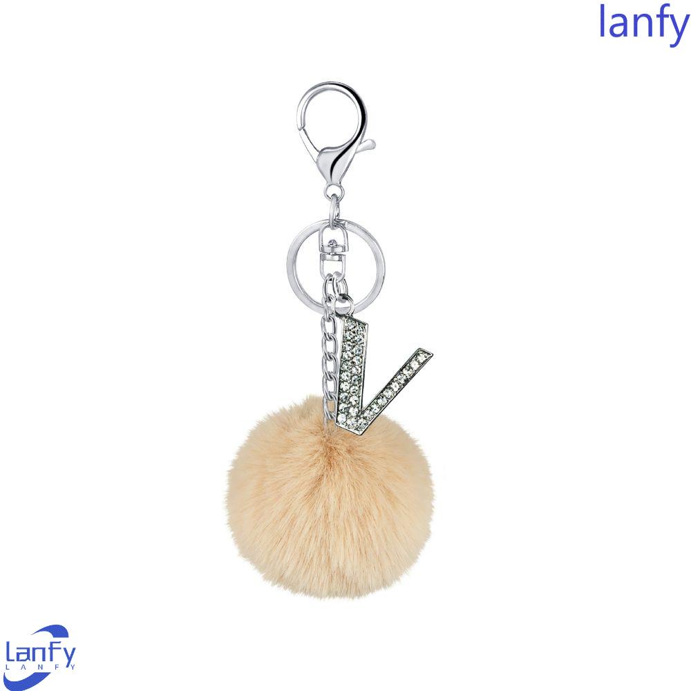 Lanfy 26huruf Gantungan Kunci Wanita Hadiah Fashion Multicolor Ornamen Perhiasan Mobil Keyring Handbag Charms Rumbai Liontin Berbulu Pompom Bola Bulu 26huruf Key Chain