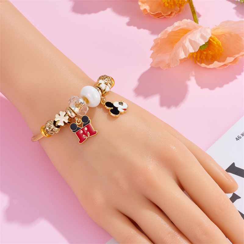 Xiaoboacc Gelang Emas Anti Karat Untuk Wanita Mahasiswa Kartun Mickey Minnie Open Beads Bangles