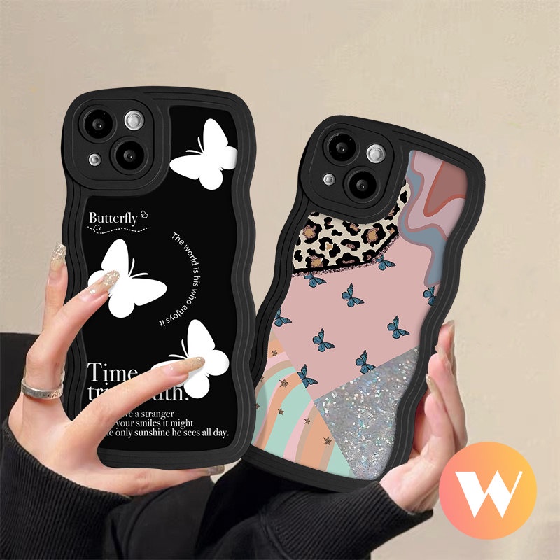 IPHONE Silicon Lembut Tpu Kembali Full Phone Case Untuk Iphone11 12 13 14 Pro Max 7Plus XR X XS Max 6 8 6s 7 Plus 14 SE 2020 Ins Fashion Retro Fantasi Kupu-Kupu Bergelombang Penutup Tepi