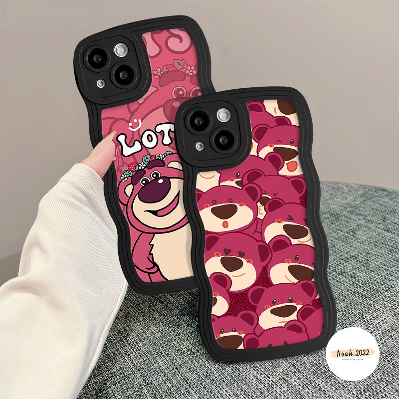 Lovely Kartun Manyo Wavy Edge Back Case Kompatibel Untuk iPhone XR 6s 7 8 6 14 Plus 11 14 13 12 Pro Max 7Plus 8Plus X XS Max SE 2020 Cute Strawberry Bear Soft Tpu Cover Pelindung