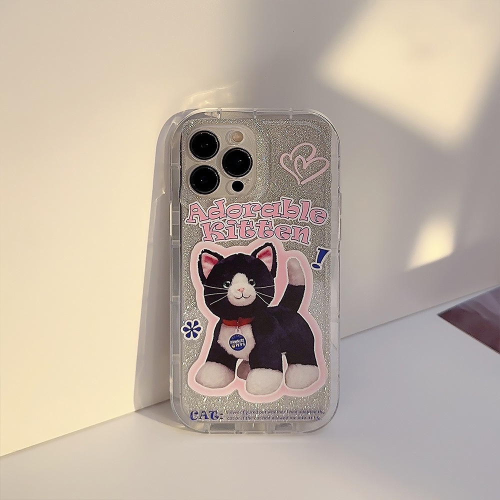 IPHONE Adorable Kitten Mainan Kucing Transparan Shockproof TPU Phone Case Cover Dengan Film Glitter Untuk Iphone11 12 13 14 PLUS PRO MAX