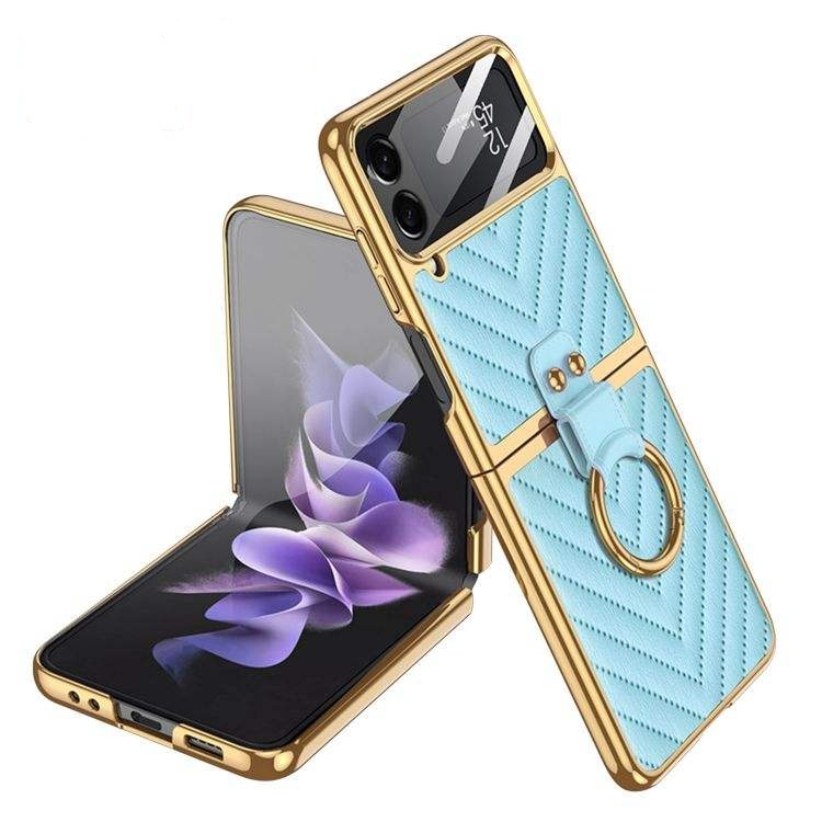 Luxury Electroplated PU Leather Case for Samsung Z Flip 4 Women Cover Ultra Thin Hardshell Ring Case