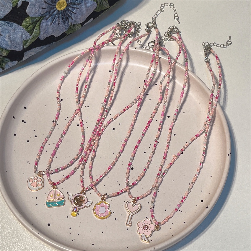 Roselife Korea Musim Panas Merah Muda Akrilik Manik-Manik Rantai Jantung Kunci Cakar Kucing Liontin Kalung Untuk Wanita Gadis Fashion Resin Manik-Manik Donat Sakura Pesona Kalung Tulang Selangka Rantai Perhiasan
