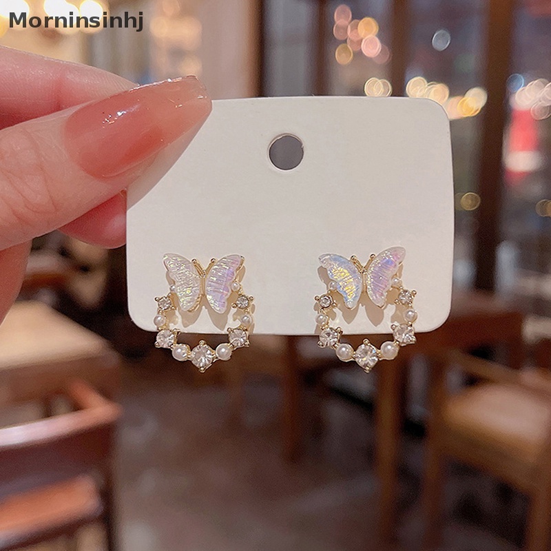 Mornin Korea Mode Baru Shiny Butterfly Stud Earrings Untuk Wanita Halus Berlian Imitasi Mutiara Lingkaran Anting Pengantin Pernikahan Perhiasan Hadiah id