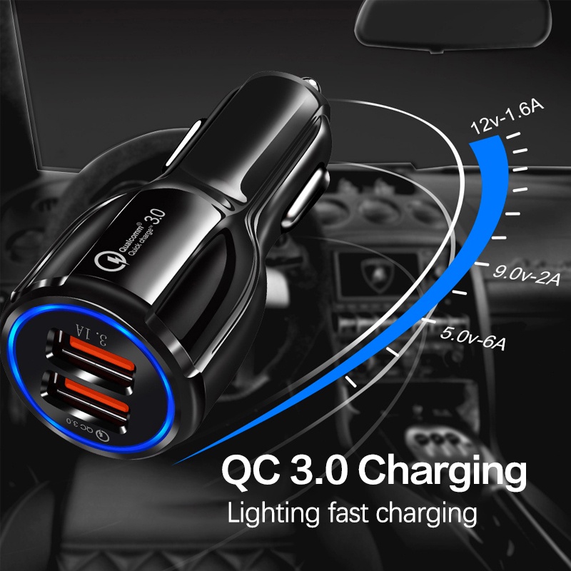(Dikirim Dari Jakarta) Qualcomm 3.0 Charger Mobil Quick Car Charger Cas Hp Mobil Motor Fast Charging 2 USB - Alat Cas Hp DiMobil Murah-Hitam/Putih