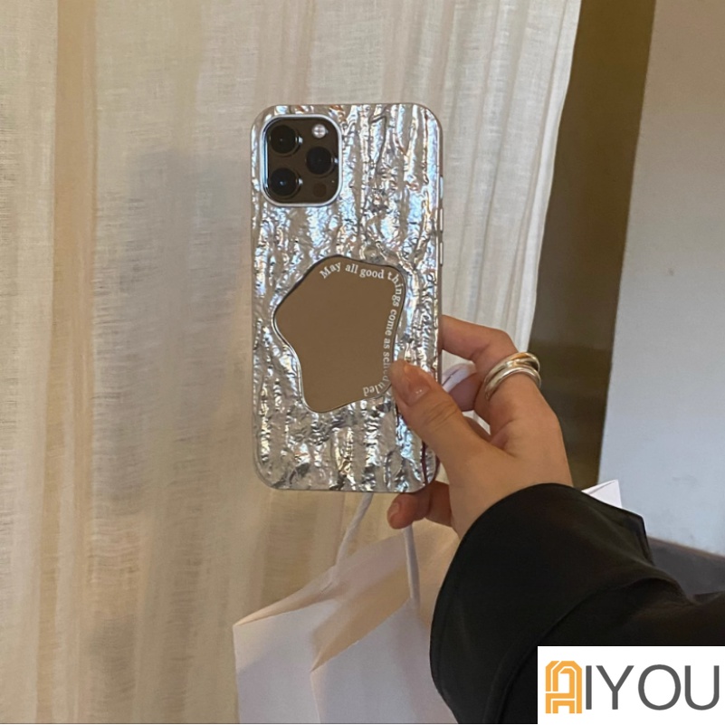 Fashion 3D Tin Foil Pola Batu Make Up Cermin case iPhone casing hp Untuk iPhone 14 Pro Max12 13 Pro 11 Pro Max7 8 Plus Lembut TPU Silikon Plating Shockproof Casing