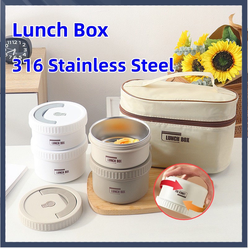 【Ready Stock】Kotak Makan Siang Bento 316 Stainless Steel Lunch Box Cream Rice Container Sealed Food Box Small School Picnic Box