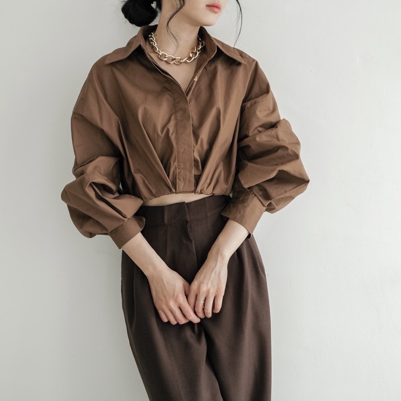 BEFAST - ZRX OOTD WANITA KEMEJA HADID / ALEXA CROP SHIRT / HEM Crop Wanita Keluaran Terbaru / OOTD Ala Wanita Korean Style / Fashion Kekinian Remaja ABG Trendy / Kemeja Crop Lengan Panjang Polos Casual