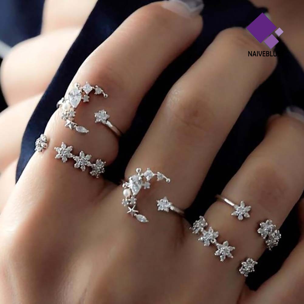 &lt; Naiveblues &gt; 5Pcs/Set Fashion Wanita Berlian Imitasi Hias Bulan Bintang Bunga Cincin Susun