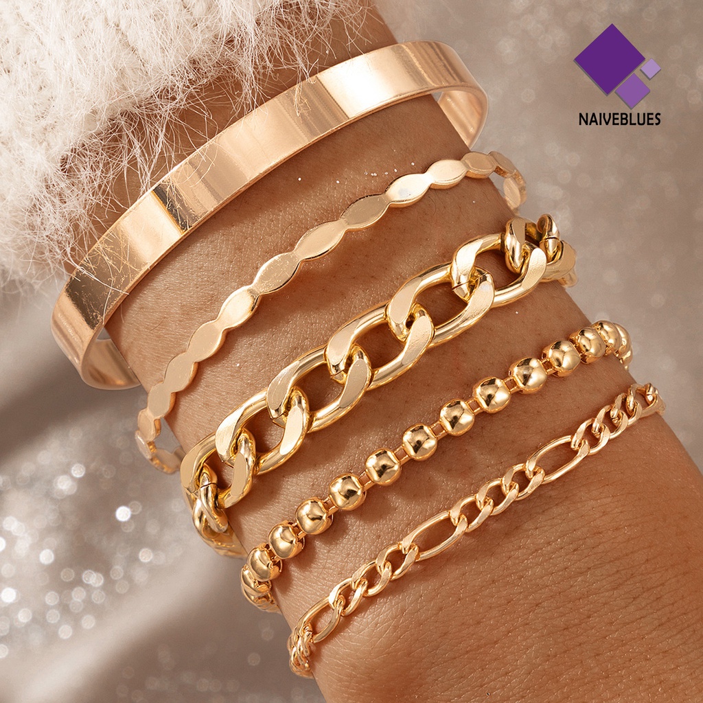 &lt; Naiveblues &gt; 5Pcs Wanita Gelang Geometris Indah Bohemian Semua Pertandingan Link Bracelets Untuk