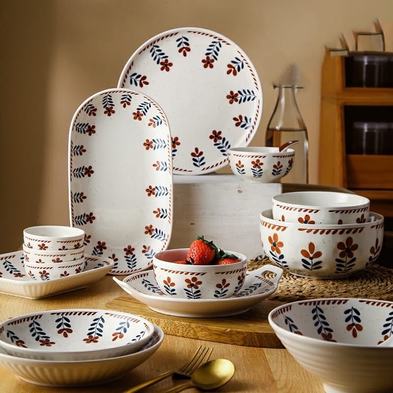 Piring Makan Keramik Set Retro Floral Tahan Panas dan Bisa Masuk Microwave / Piring Keramik Floral /