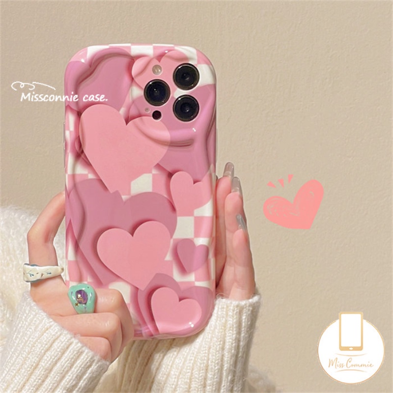 Casing Ponsel Cinta Hati Gradasi Pink Kompatibel Untuk IPhone 14xr 7Plus 11 12 13 Pro Max X 7 8 6s 6 Plus XS Max SE 2020 3D Wavy Curved Edge Glossy Shockproof Cover Soft Shell