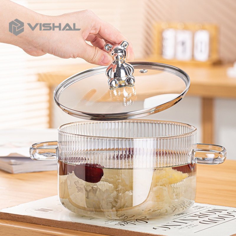 VISHAL Pot Panci Masak Stewing Soup Pot Borosilicate Glass / Tutup Beruang Panci Kaca Transparant Anti Api Anti Panas Borosilicate