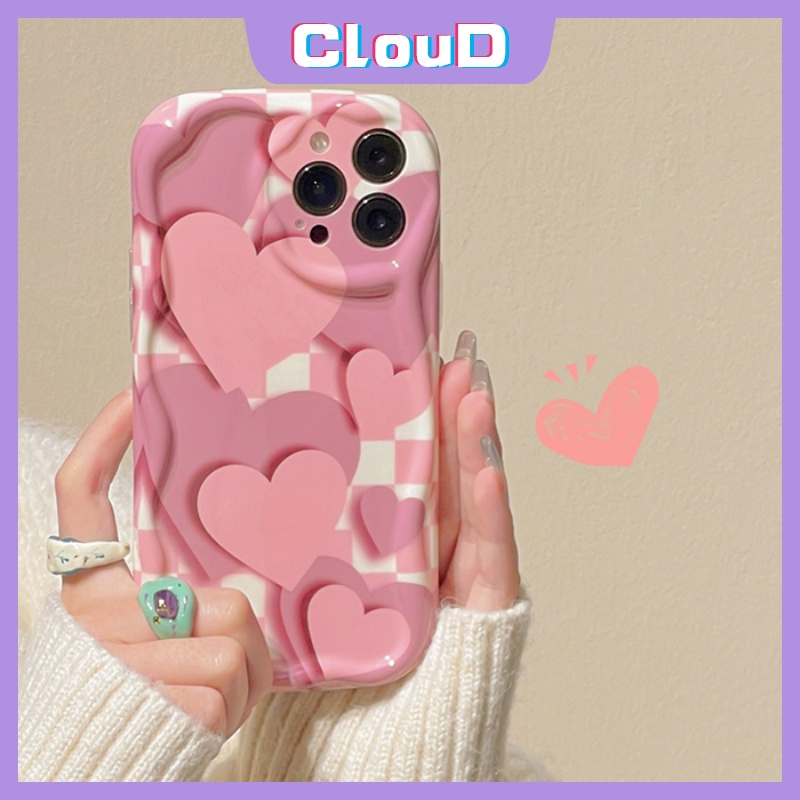 Casing 3D Wavy Curved Edge Gradient Love Heart Kompatibel Untuk iPhone 7Plus 14 11 13 12 Pro Max XR 76 8 6s Plus X XS Max SE 2020 Motif Kotak-Kotak Shockproof Glossy Soft Cover