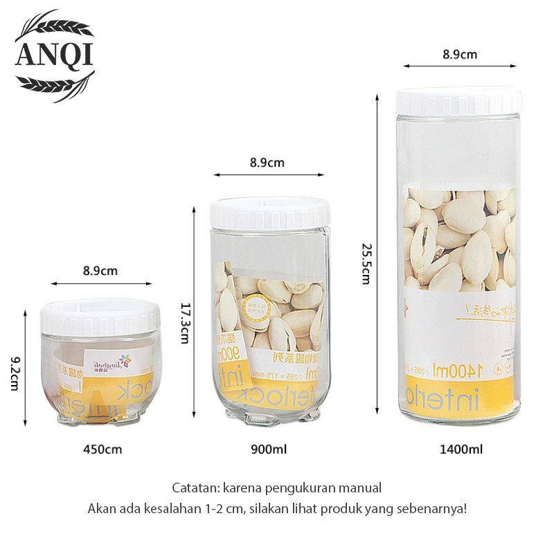 ANQI 1888 4IN1 Stoples Kaca / Toples Kotak Snack Kedap Udara Penyimpanan Bening Cereal Kontainer Makanan Food Storage Jar Container