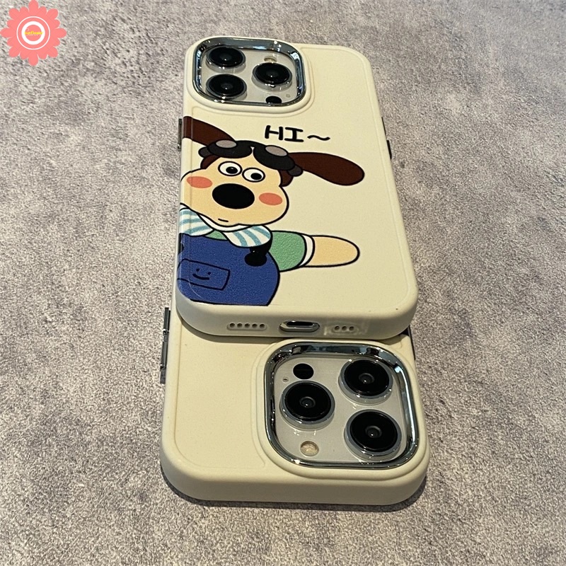 IPHONE 3d Mainan Anjing Lucu Plating Metal Frame Case Kompatibel Untuk Iphone7 8 Plus XR 11 12 14 13 Pro MAX 7plus X 8plus XS MAX Kartun Wallace Dan Gromit Electroplate Soft Cover