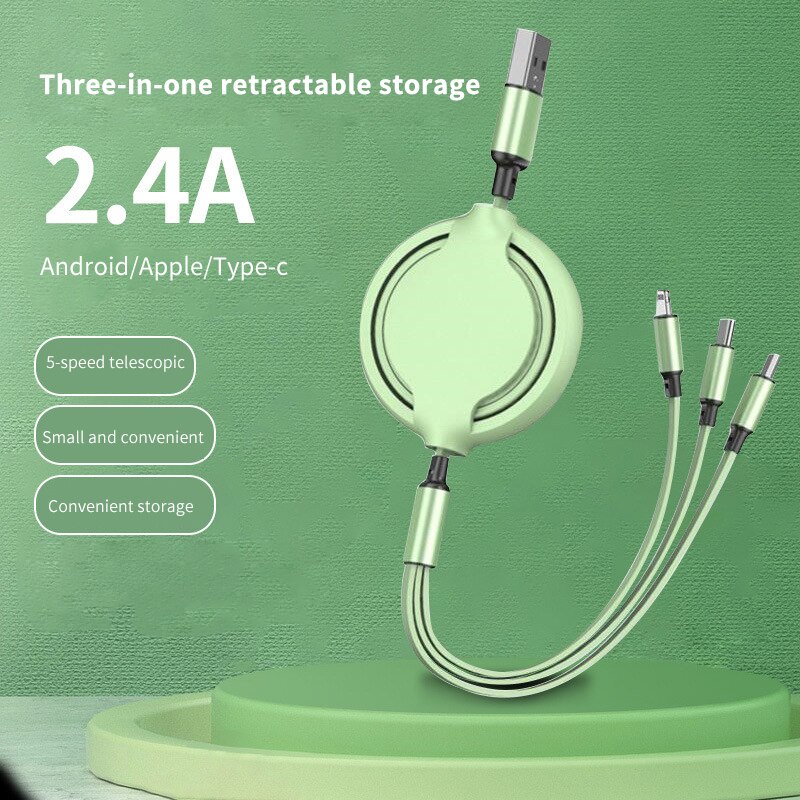 1.2m Kabel Data 3-in-1 Yang Dapat Ditarik/Kabel Data Satu Ke Tiga Untuk Android Tipe-c Iphone Ponsel Kawat Aksesoris Telepon USB