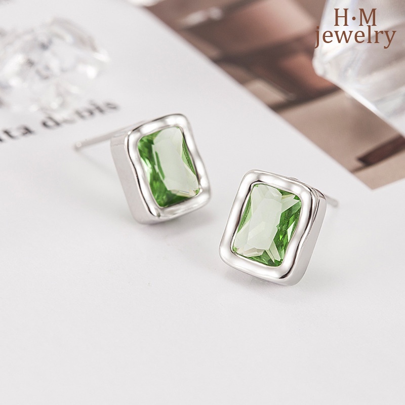 S925 Perak Indah Hijau Persegi Aaa Zirkon Stud Earrings Anting Kecil