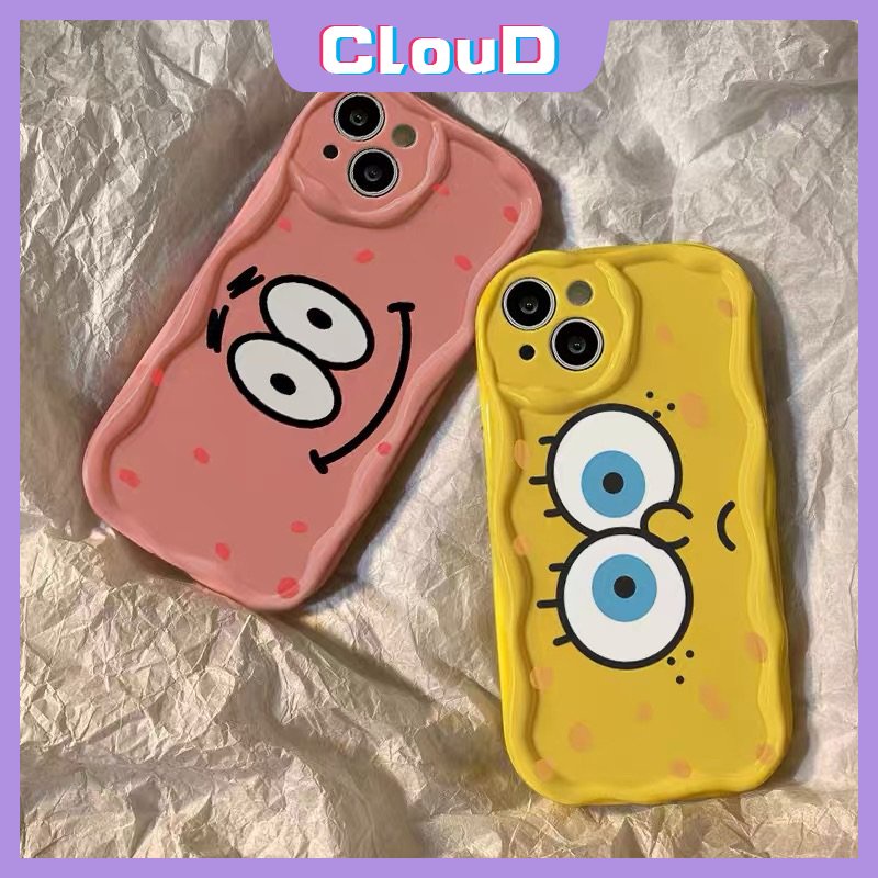 IPHONE Casing Kartun SpongeBob Kompatibel Untuk Iphone11 14 12 13 Pro Max X XR 6 7 6s 8 Plus XS Max SE 2020 3D Wavy Curved Edge Shockproof Glossy Lucu Patrick Star Tpu Soft Cover