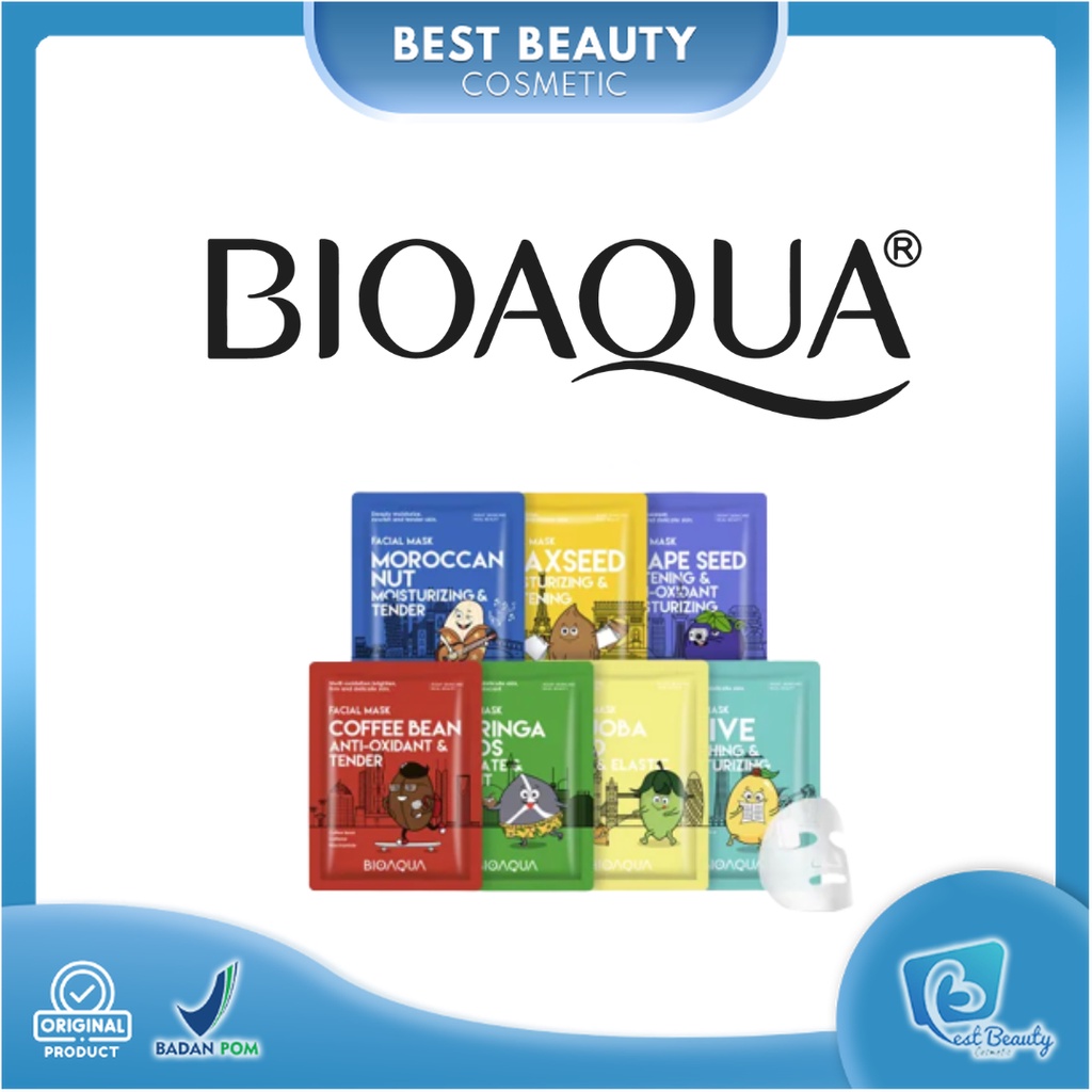 BIOAQUA Sheet Mask Masker Wajah Biji Buah Face Mask 25ml Grape Seed Whitening/Olive Soothing/Jojoba Seed Soft/Moroccan Nut Moisturizing/Coffee Bean Anti-Oxidant Masker Muka Masker Organik