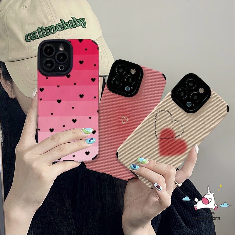 IPHONE Ins Simple Love Heart Phone Case Kompatibel Untuk Iphone11 7 8 Plus 14 12 13 11 Pro MAX XR X XS MAX Fashion Pink Gradasi Mewah Tekstur Kulit Silicon Lembut Shockproof Back Cover