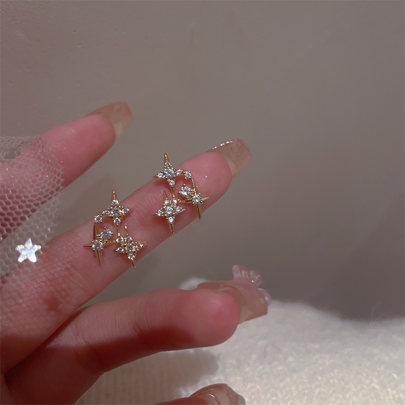 Anting Bintang Zirconia Lapis Emas Korea S925 Perak Pin Gold Star Earrings2023Anting Baru Untuk Wanita