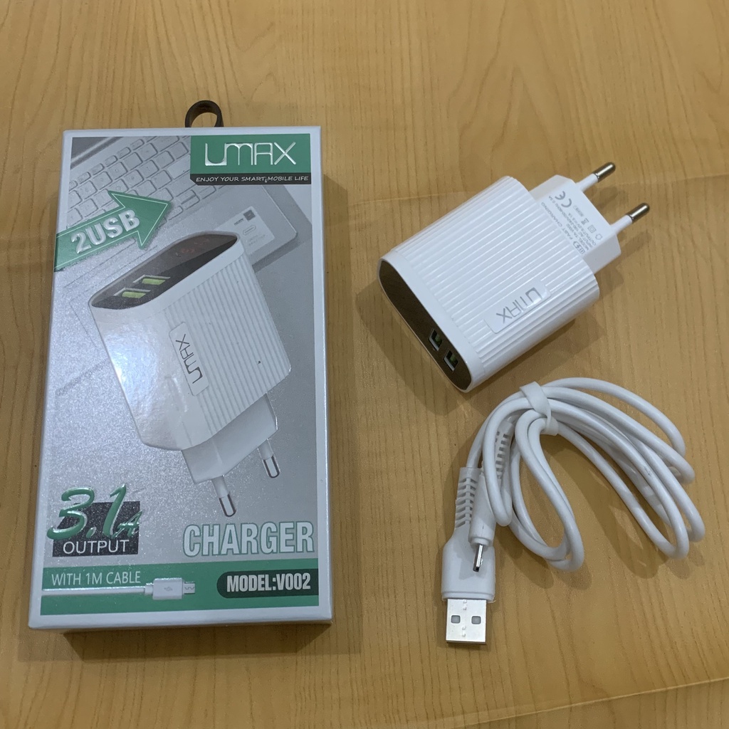 CHARGER UMAX V002 2USB DIGITAL LCD LED INDIKATOR FAST CHARGING QC3.0 3,1A FREE KABEL MICRO ORIGINAL