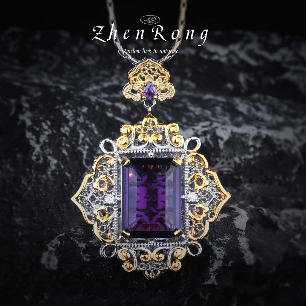 Goldkingdom Aksesoris Perhiasan Fashion Ready Stock Anyaman Ukir Emas Amethyst Istana Angin Renda Berongga Berlian Ungu Liontin Kalung