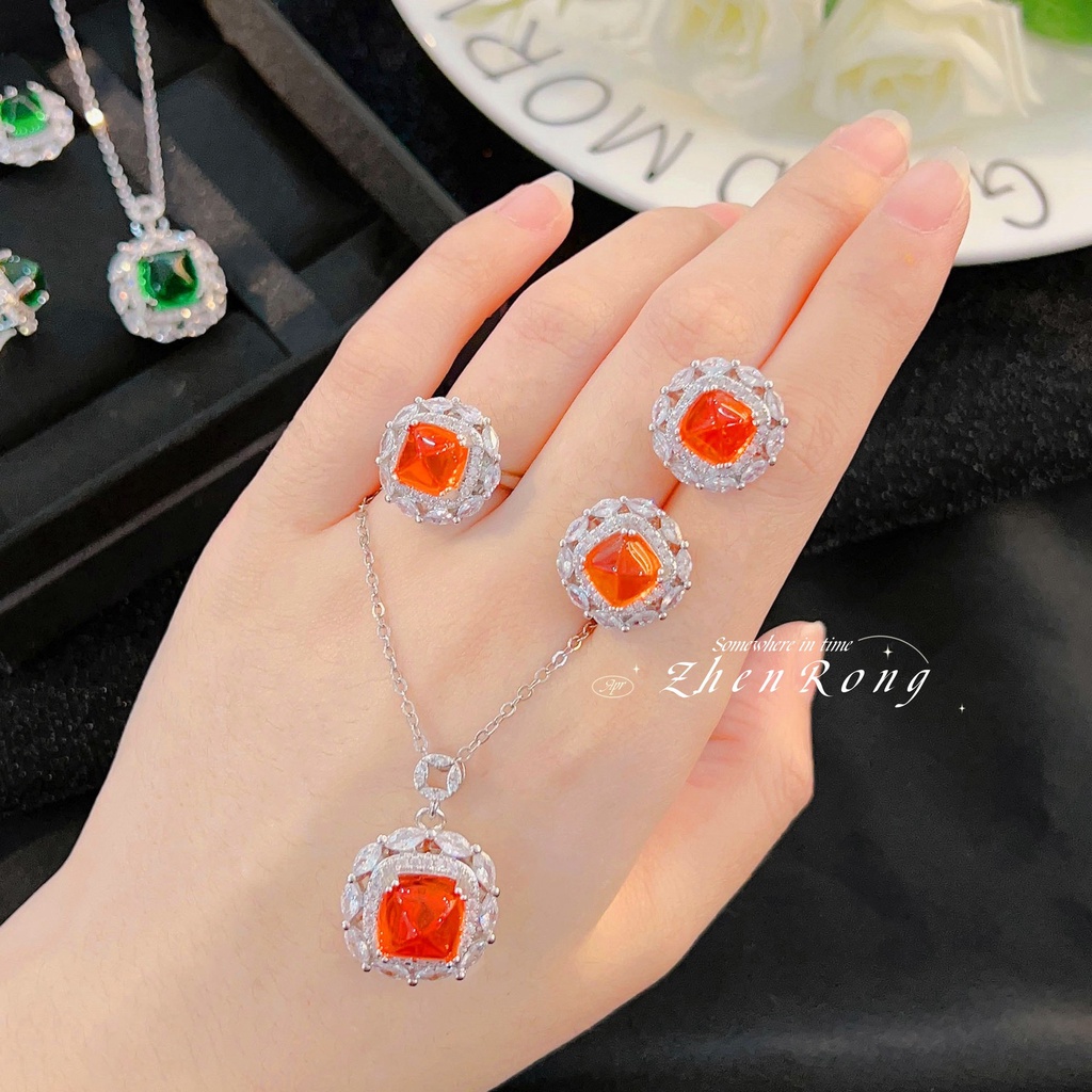 Goldkingdom Fashion Perhiasan Aksesoris Ready Stock Mewah Potong Warna-Warni Jas Ruby Anting Liontin Royal Blue Emerald Ring Female