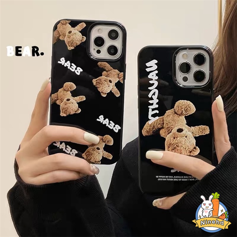 IPHONE Casing Kompatibel Untuk Iphone14 13 12 11 Pro Max X Xr Xs Max8 7 6 6s Plus SE 2020 Pasang Merek Teddy Bear Hitam Mengkilap Casing Ponsel Pelindung Lensa Shock Resistant Silicone Soft Case