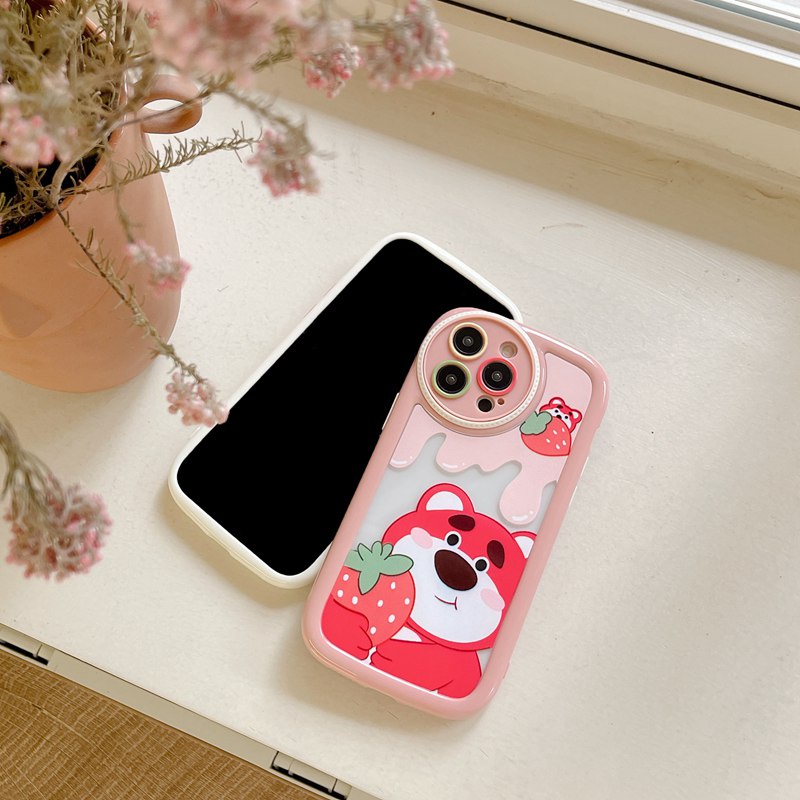 Kamera Melingkar Protect Cream Soft Case IPhone 11 13 12 14 PRO Max Casing Ponsel Untuk Wanita Cewek Imut Strawberry Bear Manyo Winnie the Bear