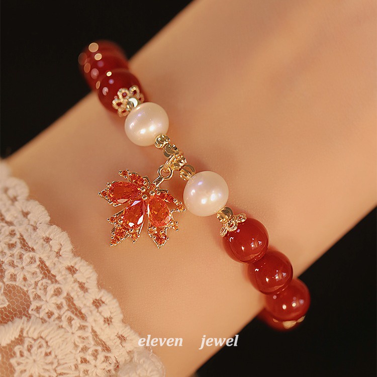 Versi Korea Imitasi Batu Akik Merah Maple Daun Gelang Perempuan ins Niche Desain Retro Gelang Gaya Baru Gadis Hadiah Perhiasan