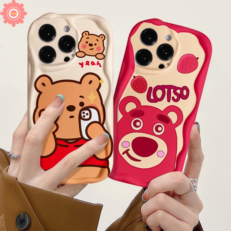 Couple Cute Strawberry Bear Manyo Case Untuk Redmi 10C 9T 10a1 10A 9A A2 9 9C NFC Note11 9 8 11s 10s 10 Pro Max Plus POCO M3 Kartun Winnie the Pooh 3D Wavy Curved Edge Soft Cover