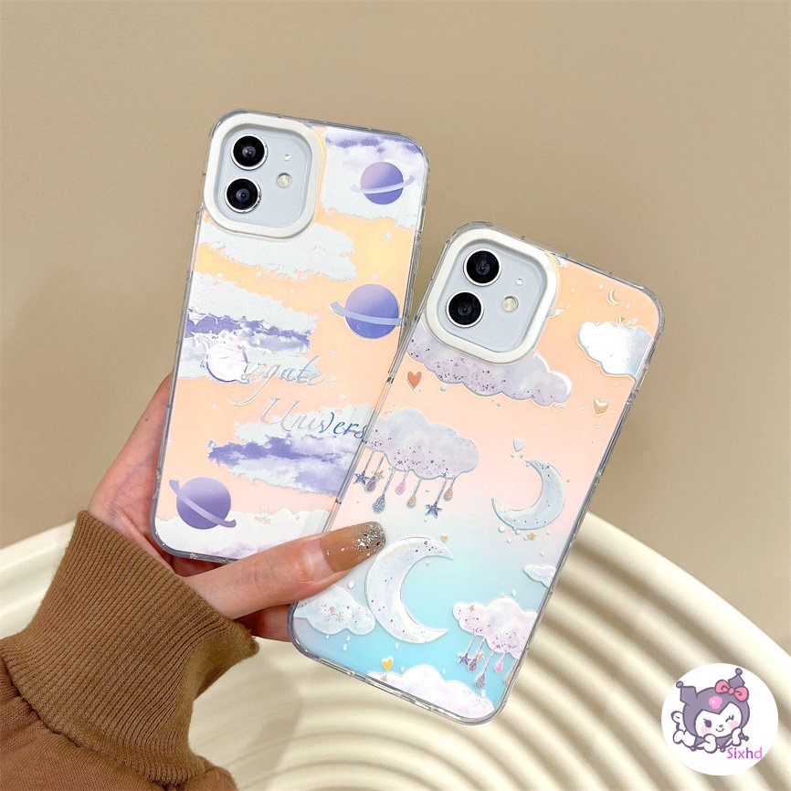 IPHONE Kompatibel Untuk Iphone11 14 13 12 Pro Max8 7Plus X Xs Xr Xs Max SE 2020 Bulan Bintang Fashion Ins Pasangan Perlindungan Lensa Gradien Laser Casing Ponsel Lembut TPU Anti Jatuh Cover XJJJJ