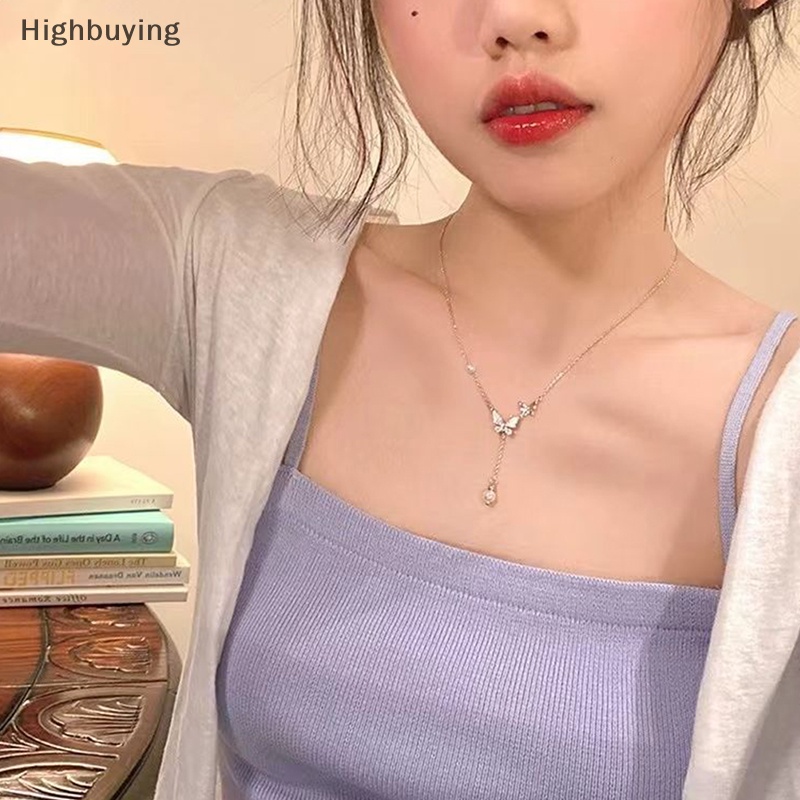 Hbid Fashion Baru Shiny Zircon Butterfly Necklace Untuk Wanita Pesona Mutiara Rumbai Romantis Rantai Klavikula Perhiasan Pernikahan Pribadi Glory