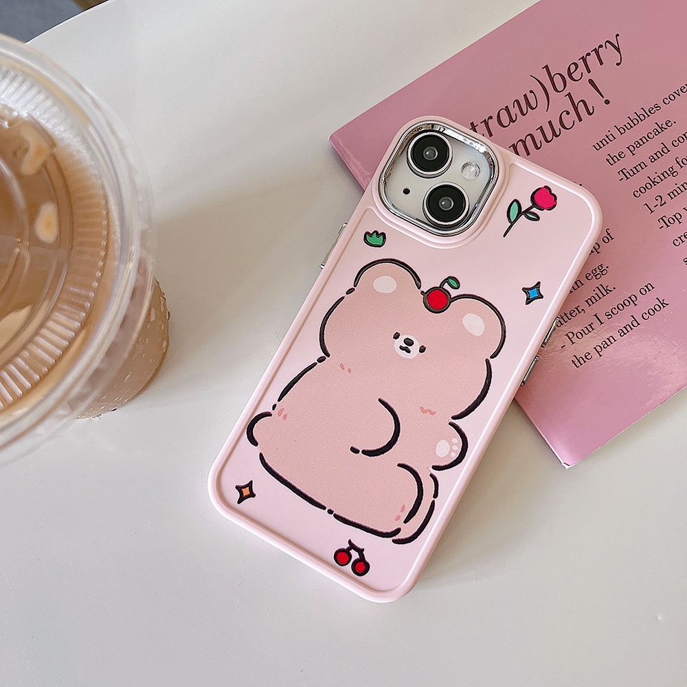 Metal Len Matte IPhone Case Kompatibel Untuk Iphone11Topi Kartun Kelinci Beruang Coklat14 Pro Max Casing Ip13 Pro Max Iphone12 Case Lembut TPU Belakang Ponsel Cover