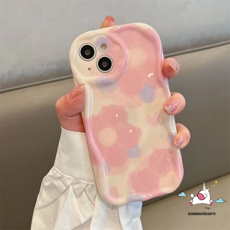 Casing 3D Wavy Curved Edge Shockproof Untuk Redmi Note 10s 11s 11 10Pro 10 Pro Max Redmi 9T 10C 10 A1 10A 9C 9A 9 9C NFC A2 POCO M3 Pink Watercolor Love Heart Flower Soft Glossy Case